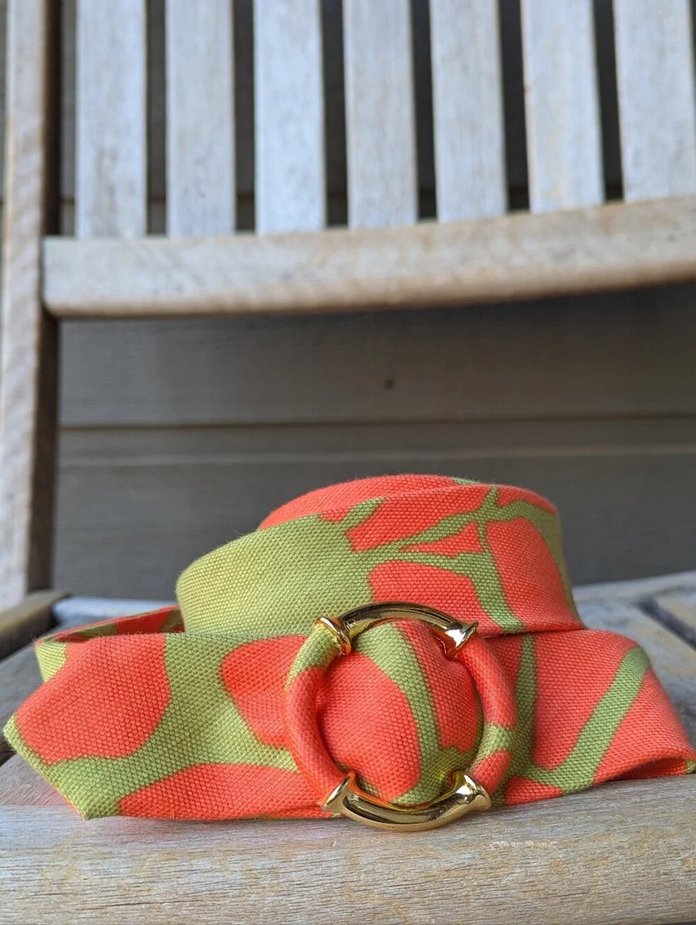 J. Crew Linen Cotton Lime Green Citrus Orange Belt Gold Tone Bamboo Buckle M/L - Picture 6 of 6